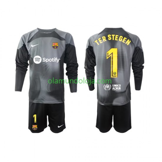 Camisola FC Barcelona Ter Stegen 1 Guarda-redes Criança Equipamento Segundo 2022-2023 Manga Comprida